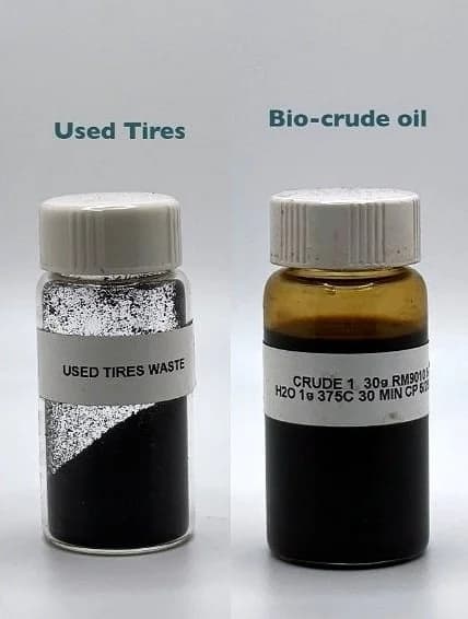 Waste-tire shreds and the bio-crude produced from them